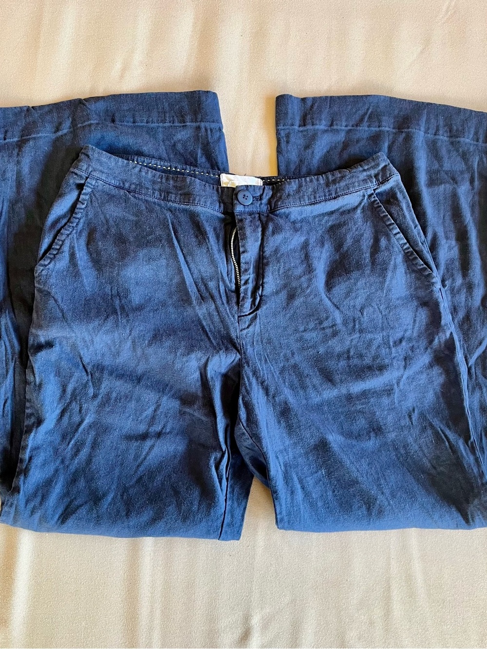by Anthropologie Women’s Wide Leg Flare Linen Trousers in Navy Blue | Size 12